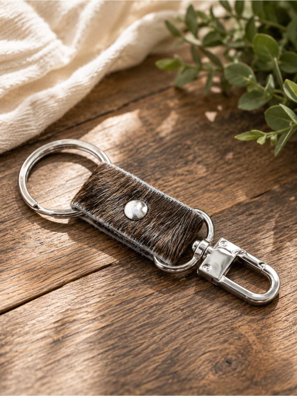 BEAUDIN Cowhide Leather Keychain Brown Hair-On Hide Silver Clip